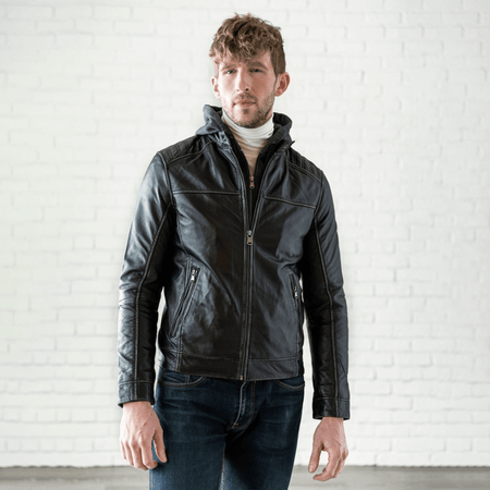 Removable Hood Leather Jacket - Black