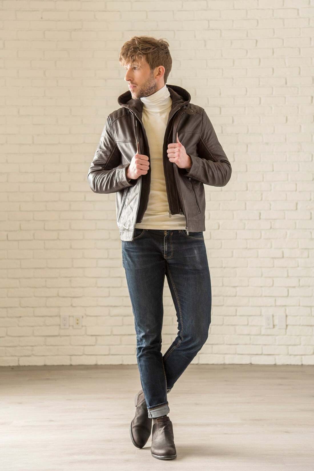 Removable Hood Leather Jacket - Cognac