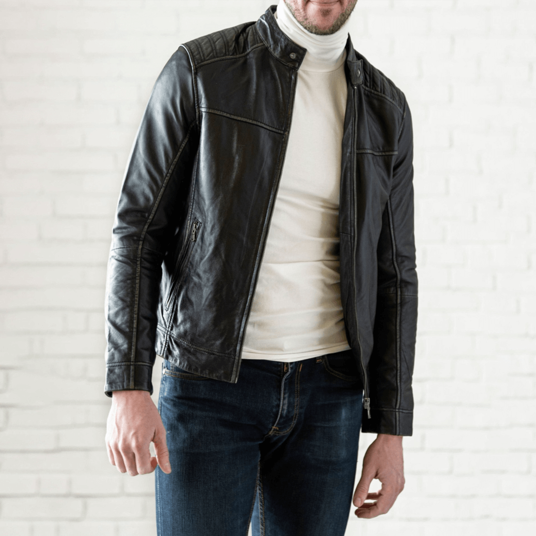 Removable Hood Leather Jacket - Black