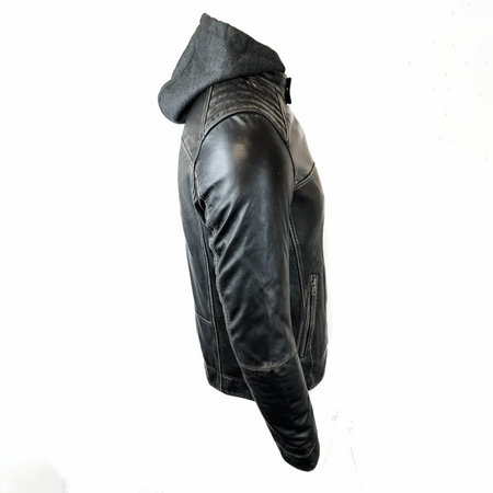 Removable Hood Leather Jacket - Black