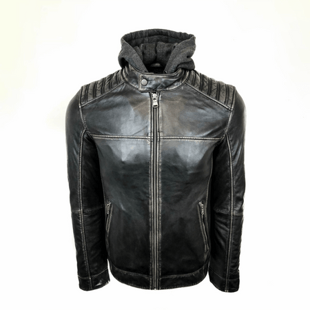 Removable Hood Leather Jacket - Black