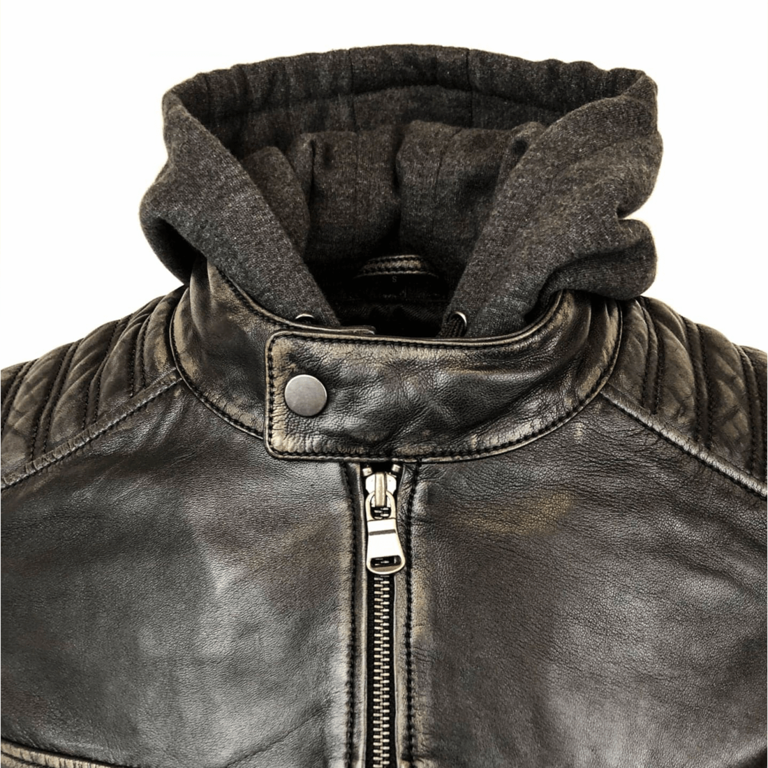 Removable Hood Leather Jacket - Black