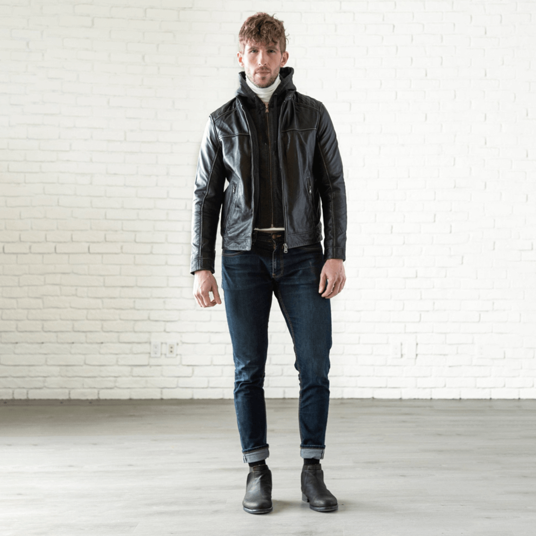 Removable Hood Leather Jacket - Black