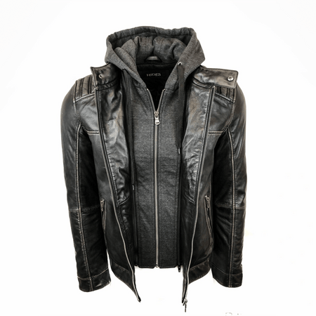 Removable Hood Leather Jacket - Black