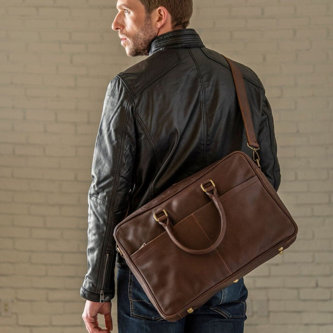 Slim Leather Briefcase 17 Dark Brown