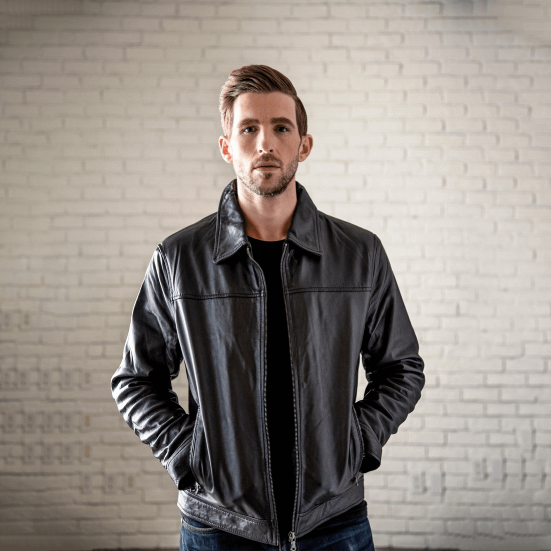 Black collared leather jacket discount