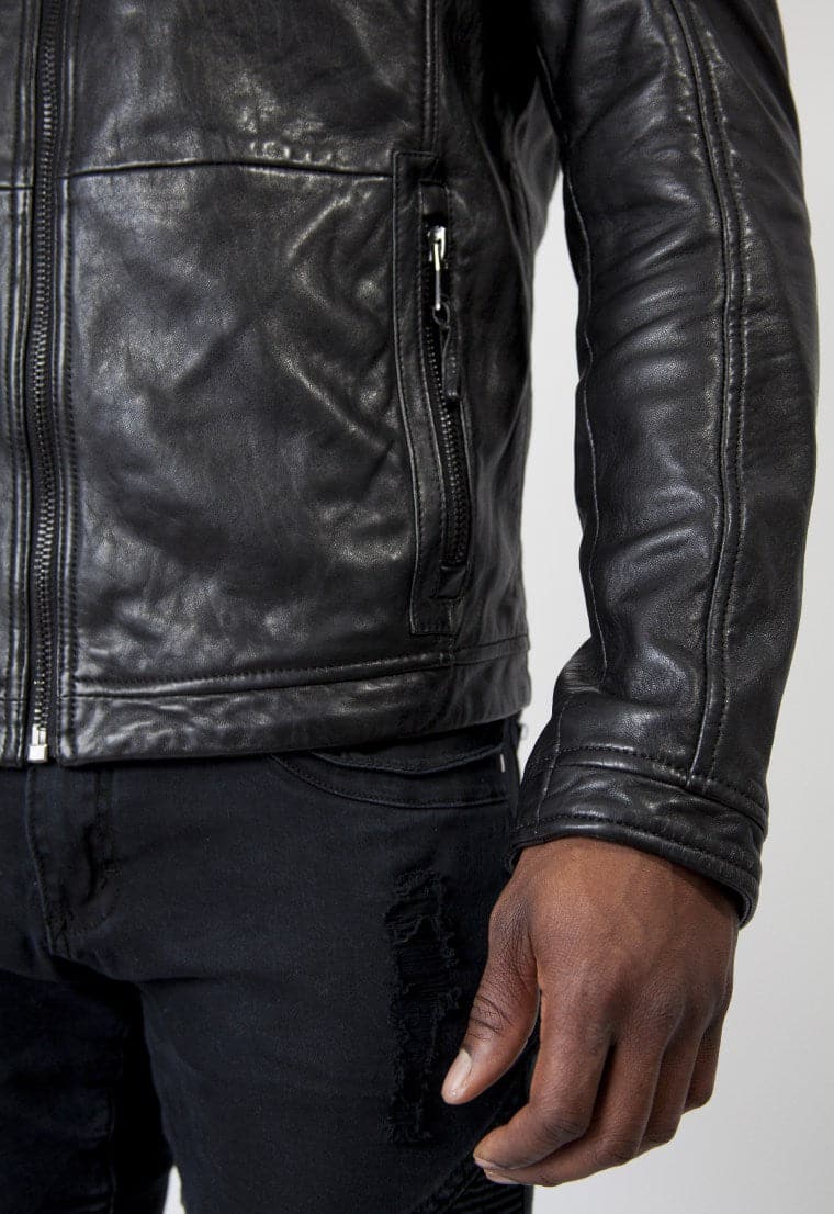 Mens Racer Leather Jacket - Black - HIDES