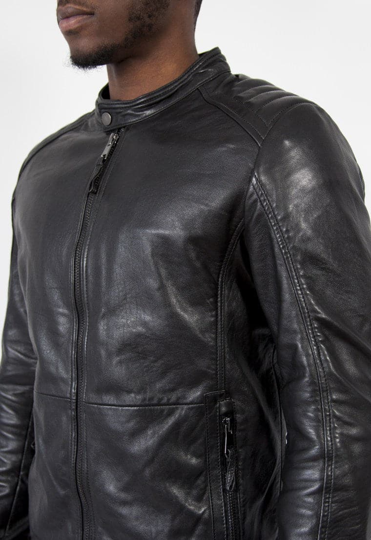 Mens Racer Leather Jacket - Black - HIDES